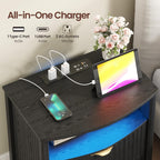 Dystler Fluted Night Stand with Gun Drawer & Card-Lock, 19.7" W Curved Nightstand with Charging Station and LED Lights, 2 Drawers Smart Bedside Table for Bedroom (1, Black)