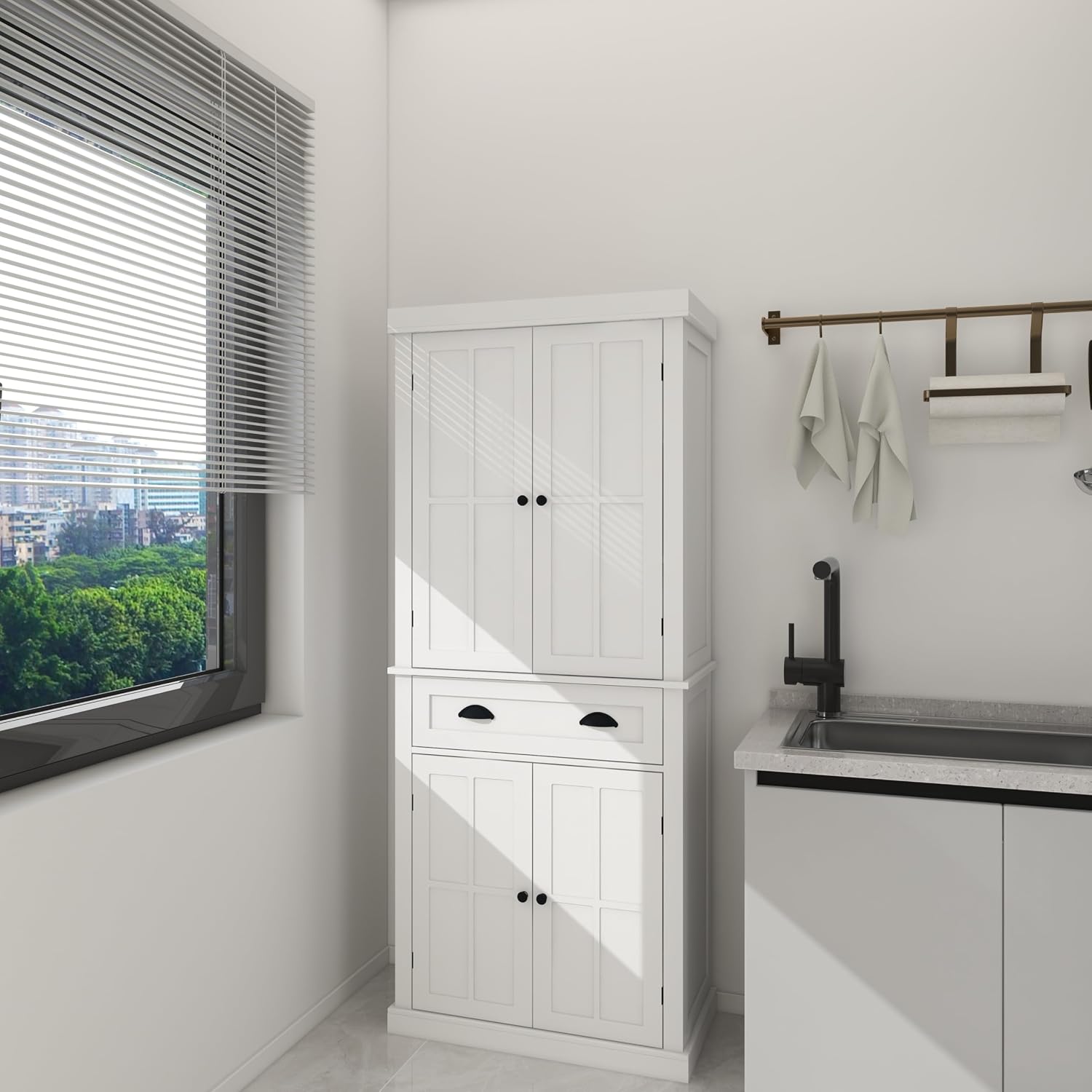Freestanding Kitchen Pantry with Dawer, 4 Shelves, 2 Double Doors, Rectangular Storage Cabinet, Modern Minimalist, for Living Room, Dining Room, White