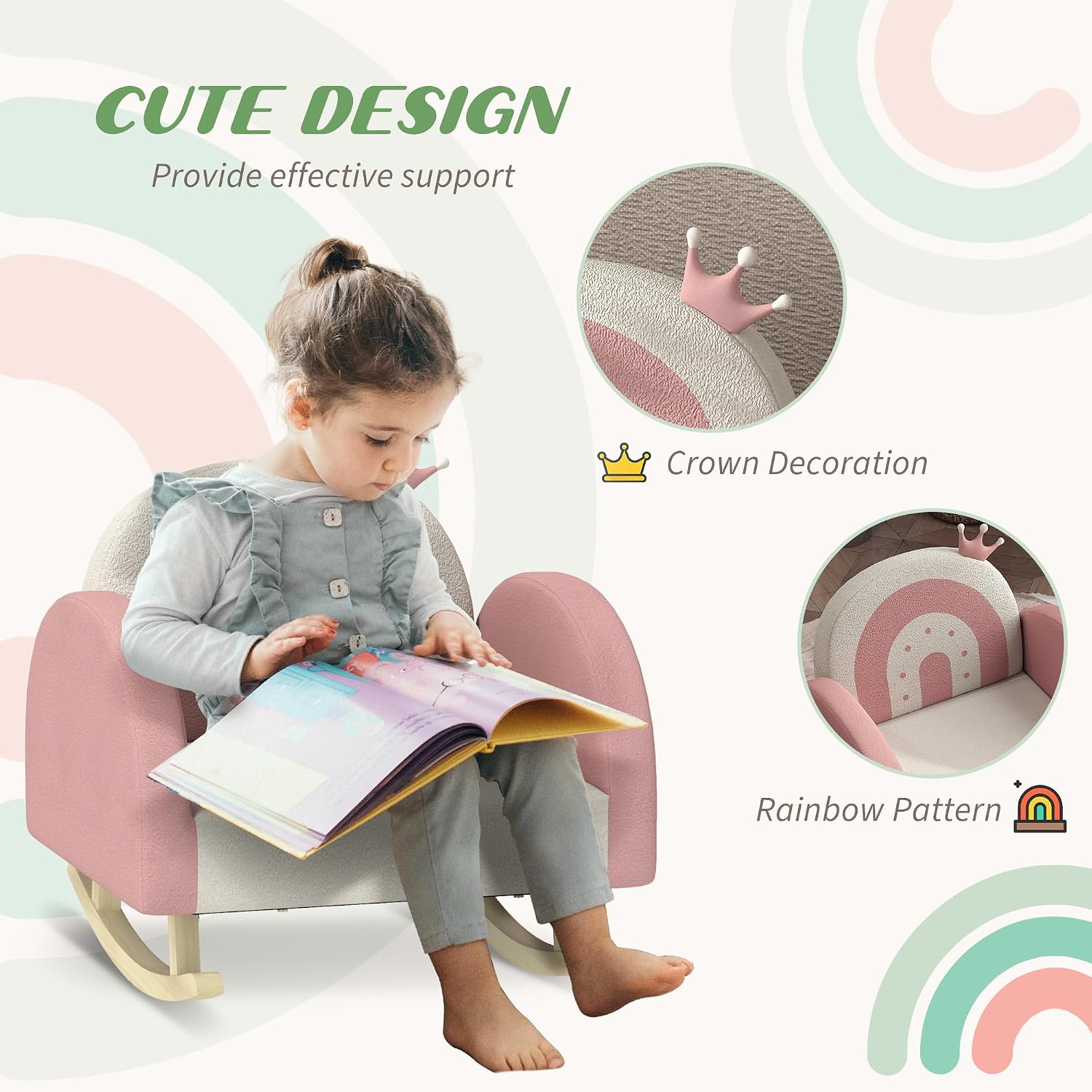 Qaba Kids Rocking Chair, Princess Crown Toddler Chair, Children's Armchair Rocker with Rainbow Backrest for Bedroom, Playroom, Pink