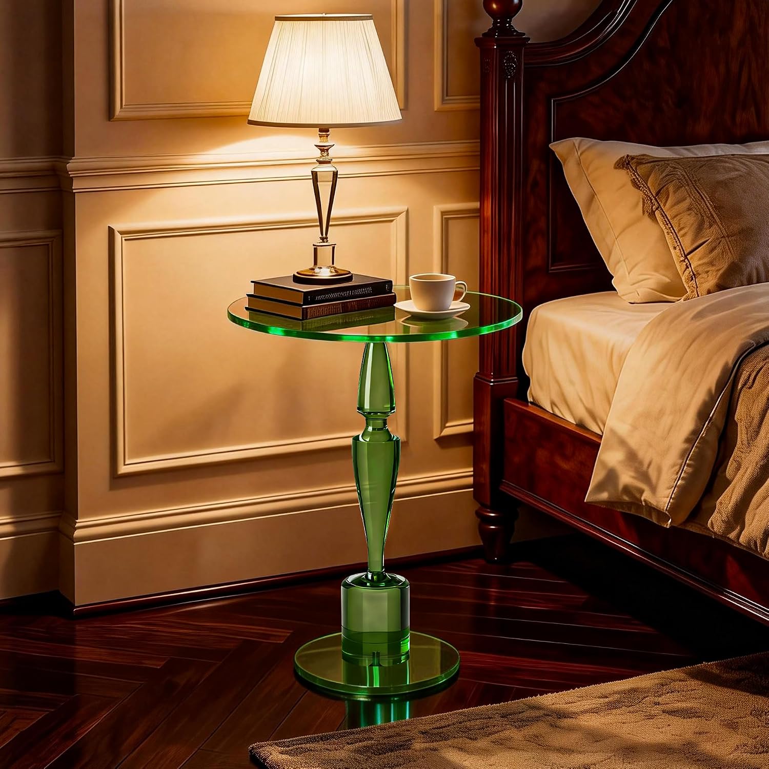 Acrylic Round Side Table, End Table Nightstand Pedestal Table for Living Room, Bedroom, Balcony (Green, 15.7“×15.7”×21.7“)