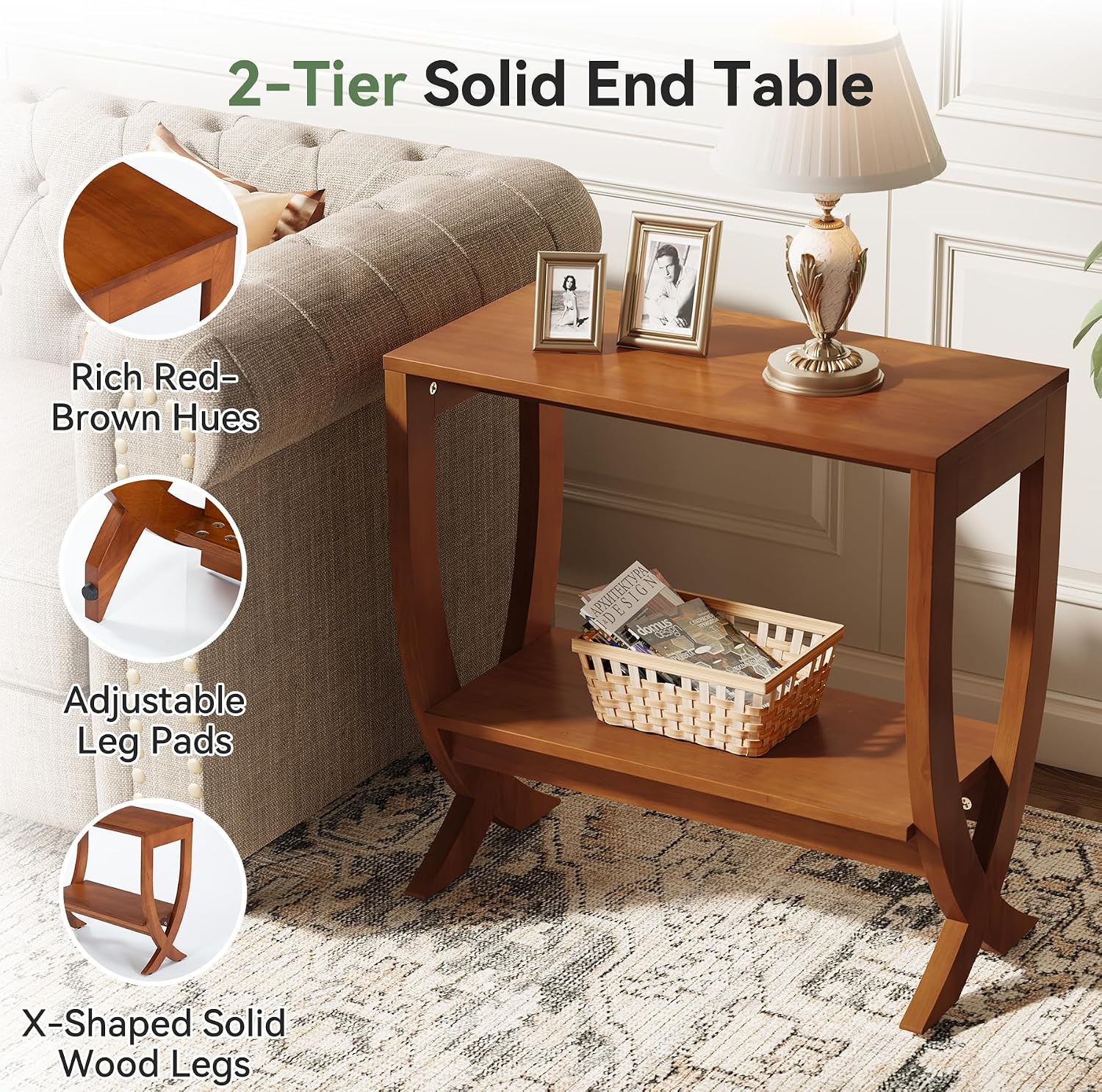 Solid End Table, 2-Tier Couch Side Table with Arched Legs for Small Space, Living Room, Easy Assembly, Warm Walnut