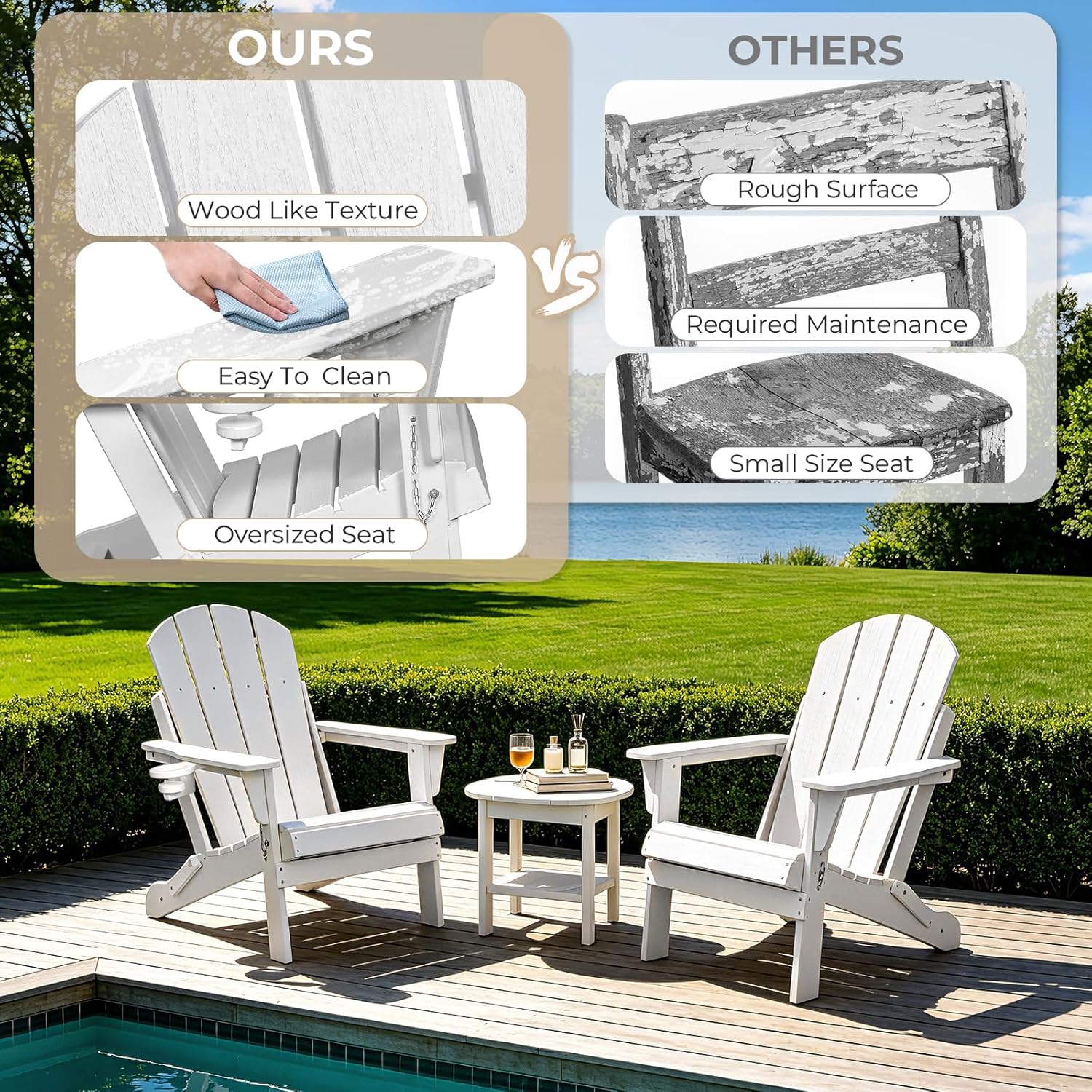 HDPE Adirondack Chair, Folding Outdoor Patio Chair with Cup Holder, Weather Resistant Wood Grain Lawn Chair for Backyard, Garden, Fire Pit, Deck, White