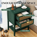 Rattan End Table with 2 Drawers & 1 Open Storage Shelf, Wood Side Table with Golden Semi-Circular Handles & Solid Wood Legs, Boho Nightstand for Bedroom & Living Room, Green, 1 PC