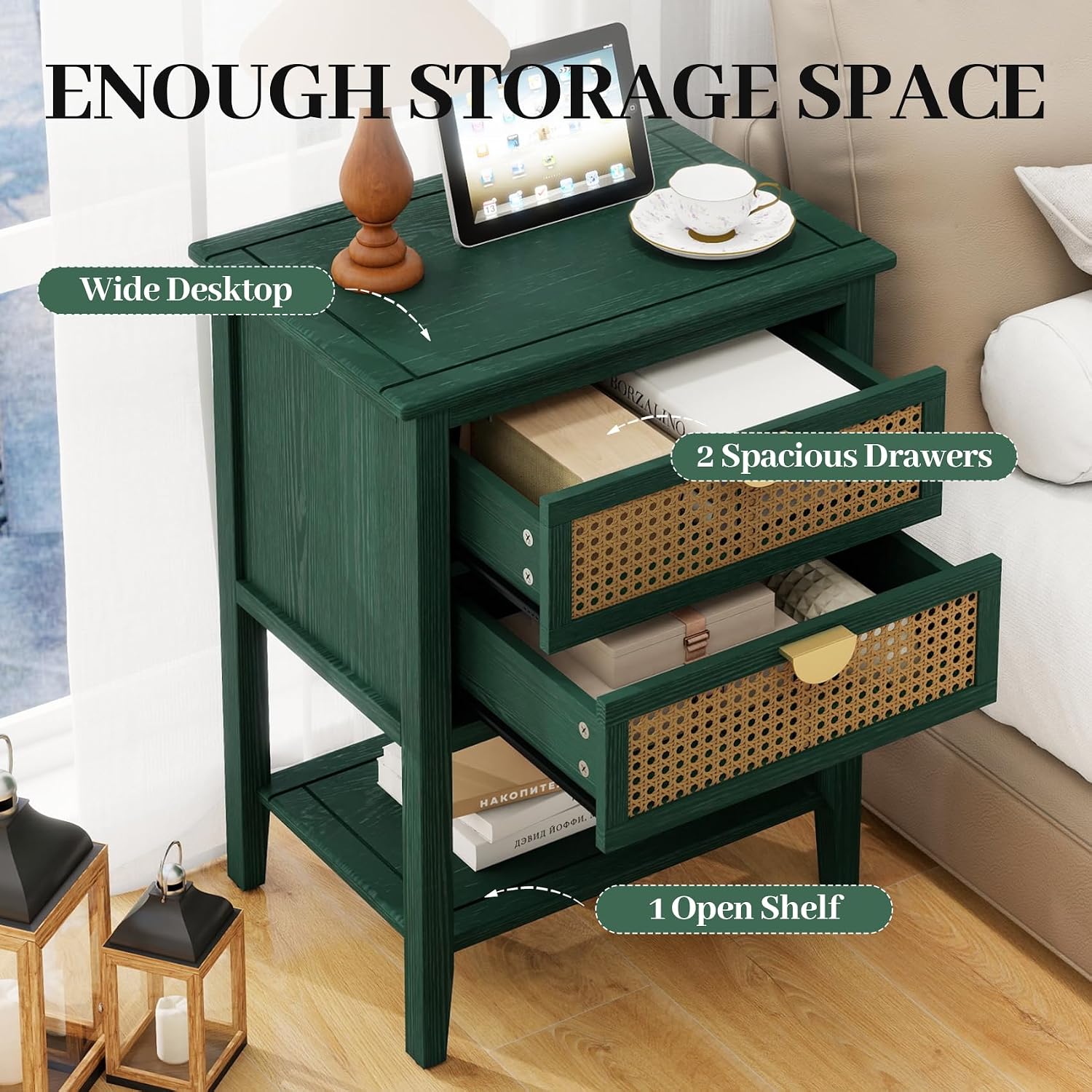 Rattan End Table with 2 Drawers & 1 Open Storage Shelf, Wood Side Table with Golden Semi-Circular Handles & Solid Wood Legs, Boho Nightstand for Bedroom & Living Room, Green, 1 PC