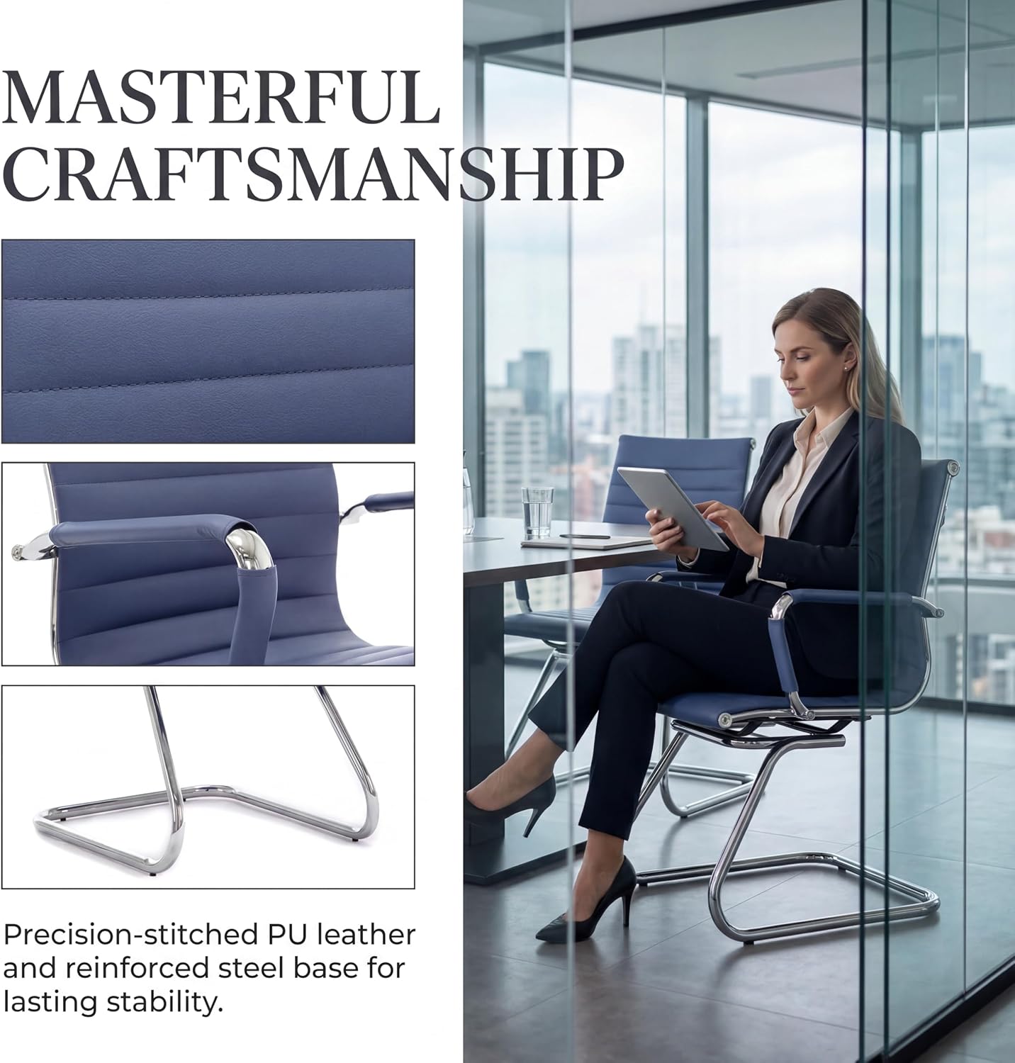 Reception Chairs Leather Conference Guest Chair Heavy Duty Back Support Office Chair, Set of 2 (Navy)