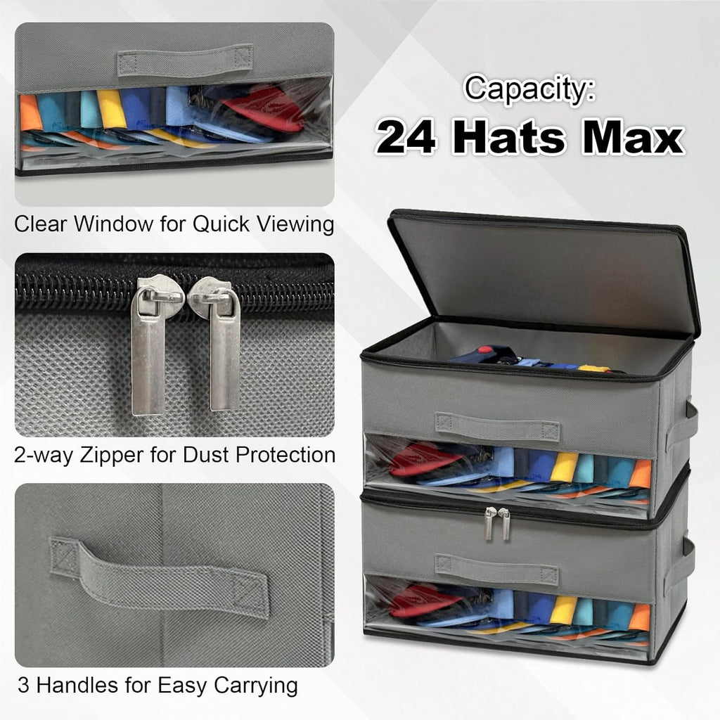 2 PCS Stackable Hat Storage for Baseball Caps, Space Saving Hat Organizer Box for Closet, with All Around Cardboard Support, Zipper Lid, Clear Window and 3 Handle, Each Holds 12 Hats, Grey