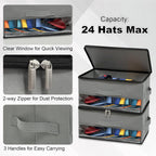 2 PCS Stackable Hat Storage for Baseball Caps, Space Saving Hat Organizer Box for Closet, with All Around Cardboard Support, Zipper Lid, Clear Window and 3 Handle, Each Holds 12 Hats, Grey