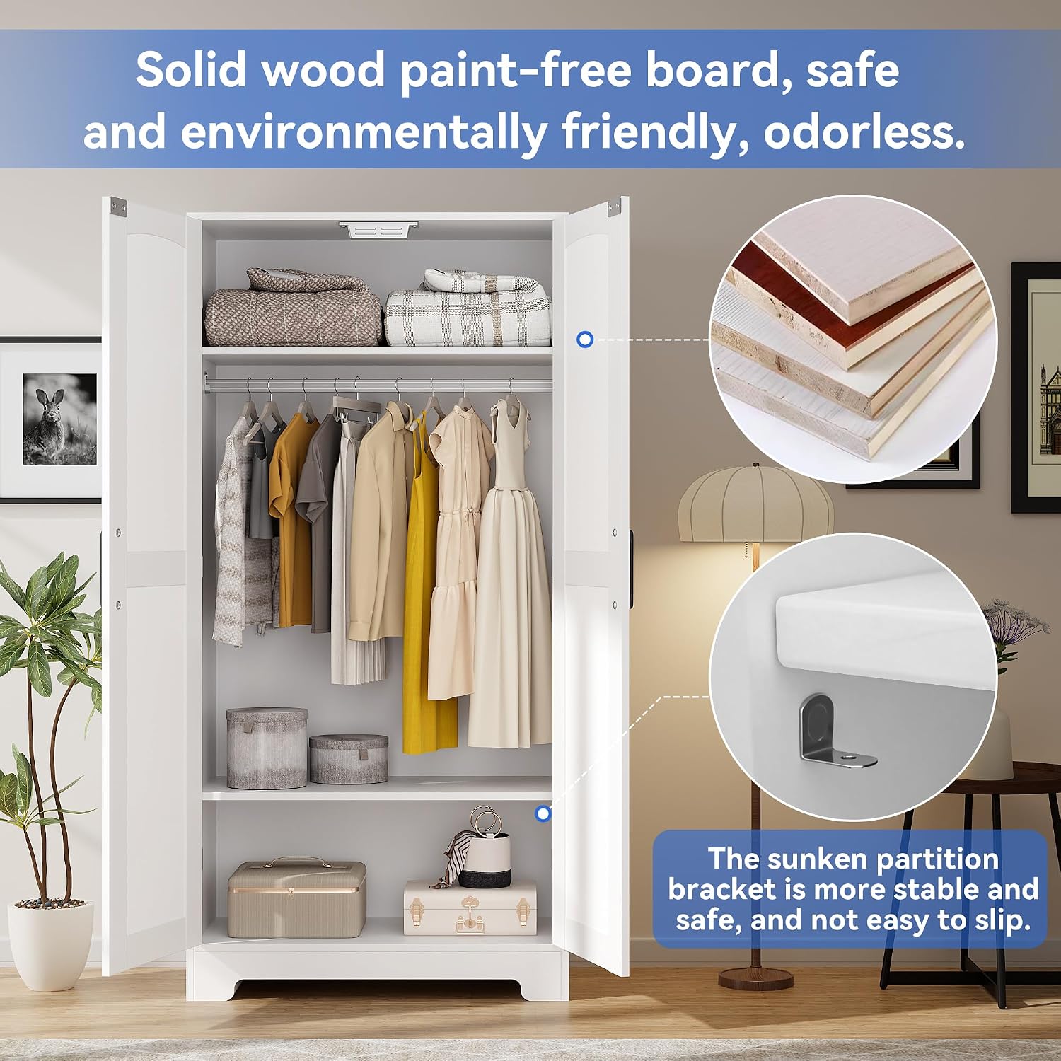 Wooden Armoire Wardrobe Closet, Wardrobe Cabinet with Door and Shelves, Freestanding Bedroom Armoires Clothing Storage Cabinet with Hanging Rod for Bedroom, Laundry Room, Cloak Room（White）