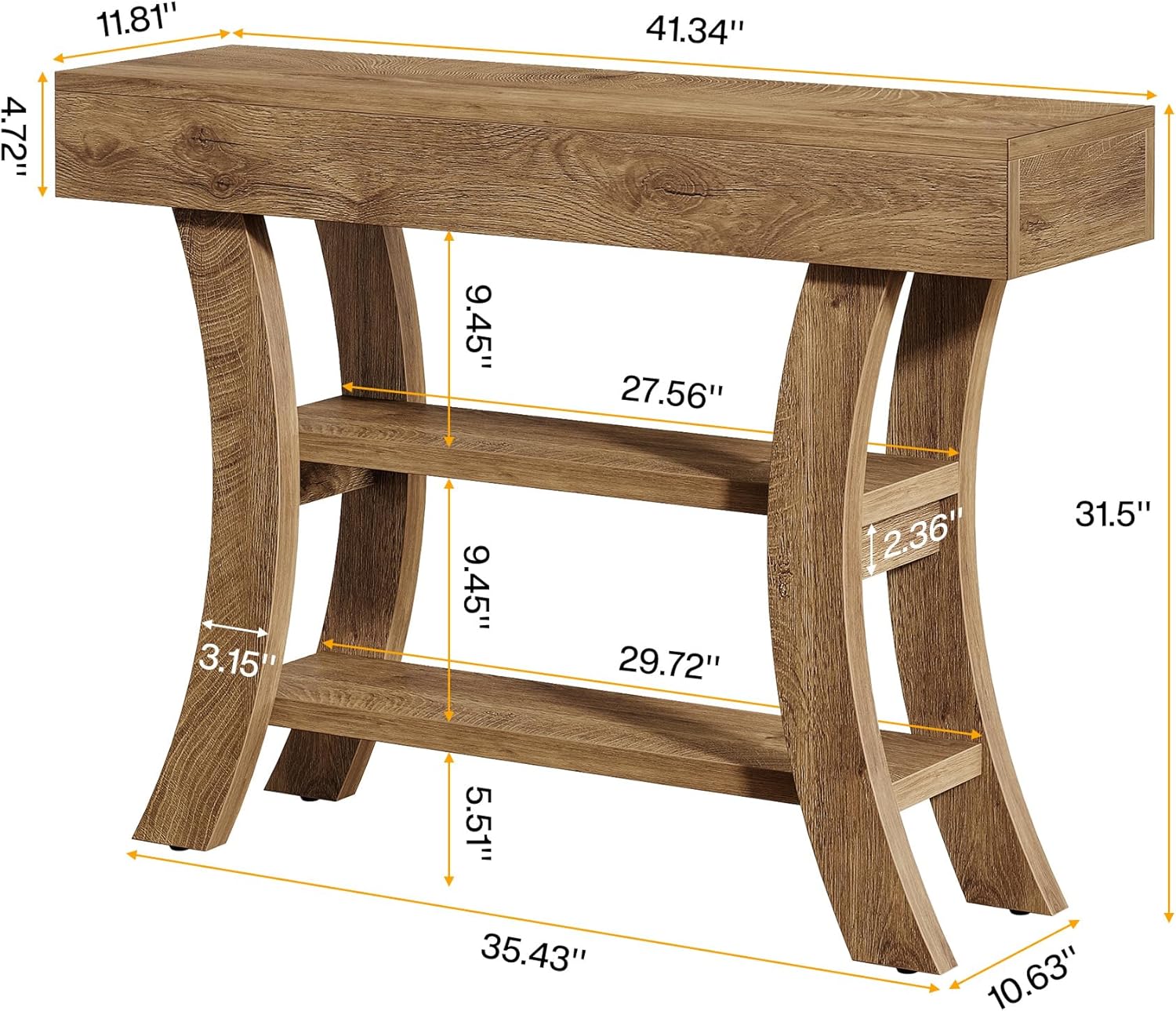 Tribesigns 41" Small Console Table for Entryway, 3-Tier Narrow Rustic Sofa Table with Storage Shelves and Curved Frame for Living Room, Entry, Hallway, Foyer (Oak Brown)