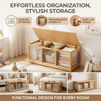 Bamboo Shoe Storage Bench with Acrylic Panels for Entryway | 39 Inch Long; 3 Compartments; Fluted See-Through Doors; Hinged Lid; Divided storage for Blankets, Toys, Bedroom, Living room