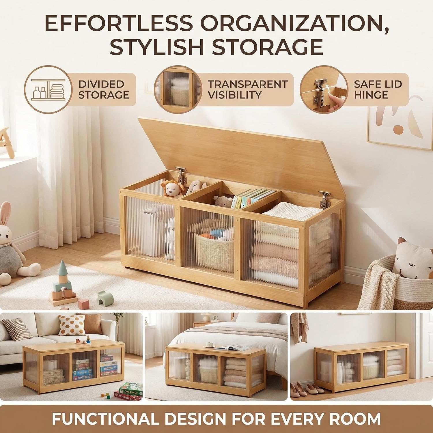 Bamboo Shoe Storage Bench with Acrylic Panels for Entryway | 39 Inch Long; 3 Compartments; Fluted See-Through Doors; Hinged Lid; Divided storage for Blankets, Toys, Bedroom, Living room