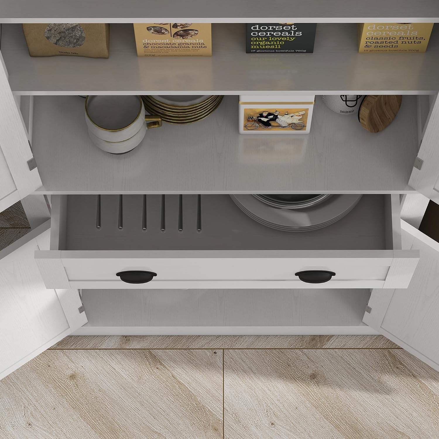 72.5" Kitchen Pantry Cabinet, Traditional Freestanding Storage Cabinet with 4 Doors, Drawer and 3 Adjustable Shelves for Dining Room, White Wood Grain,16 * 30 * 72.5