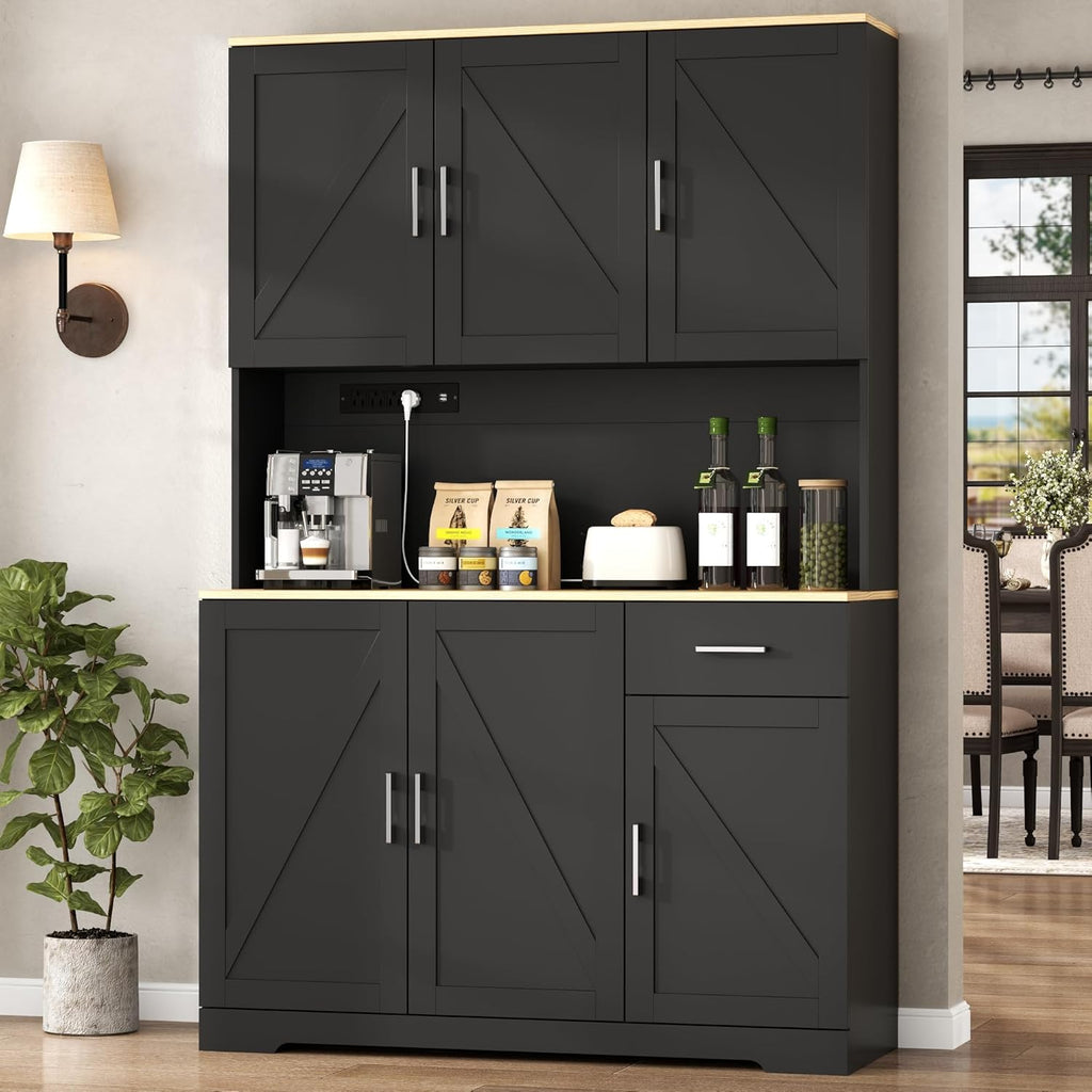 71" Tall Kitchen Pantry Storage Cabinet with Charging Station,Farmhouse Buffet Cabinet with Microwave Shelf,Large Kitchen Hutch Cabinet Doors & Drawer,Food Pantry for Dining Room,Living Room (Black)