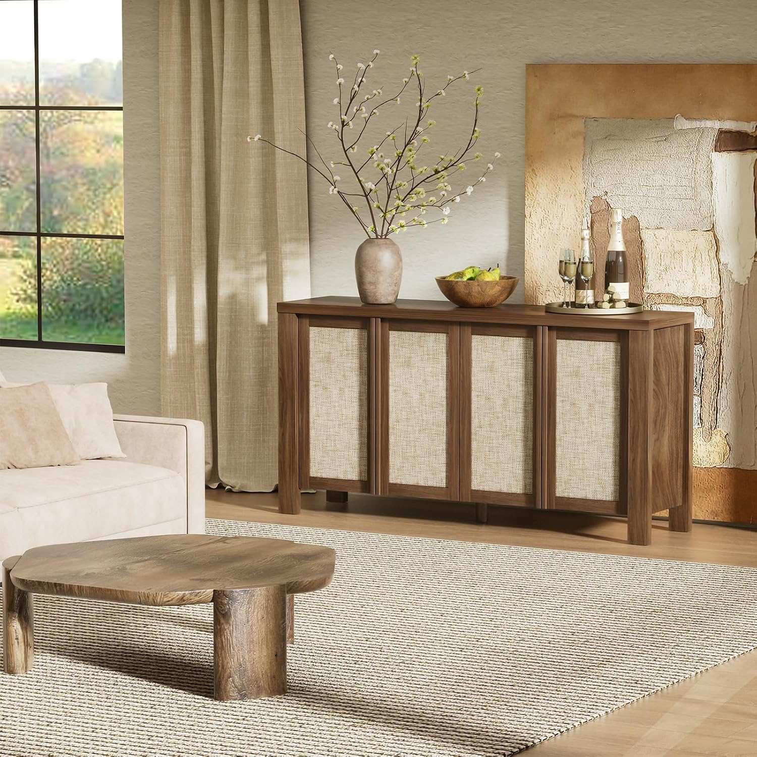 Yechen Buffet Cabinet with Storage, 63" Wide Sideboard with Solid Wood Handles and Rattan Look Accent Doors, Flexible Shelves, for Living Room, Kitchen, Dark Walnut
