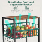 Housolution 5 Tier Kitchen Rolling Cart, Storage Cart with Metal Fruit Vegetable Basket and Pull-Out Pot Lid Cutting Board Organizer, Storage Rack with Wooden Top for Kitchen, Pantry, Bathroom, Brown