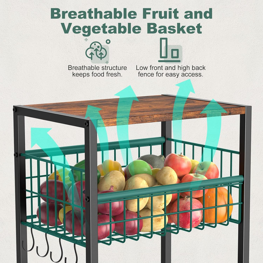 Housolution 5 Tier Kitchen Rolling Cart, Storage Cart with Metal Fruit Vegetable Basket and Pull-Out Pot Lid Cutting Board Organizer, Storage Rack with Wooden Top for Kitchen, Pantry, Bathroom, Brown