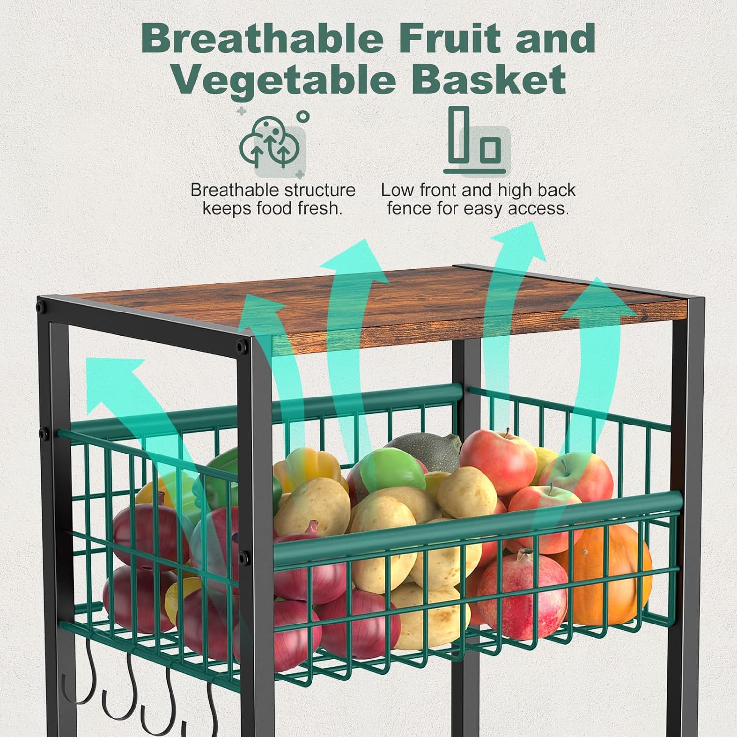 Housolution 5 Tier Kitchen Rolling Cart, Storage Cart with Metal Fruit Vegetable Basket and Pull-Out Pot Lid Cutting Board Organizer, Storage Rack with Wooden Top for Kitchen, Pantry, Bathroom, Brown