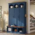 Merax Classic Arched Hall Tree with 3 Hidden Storage, Farmhouse Mudroom Bench with 5 Hooks, Mid-Century Entryway Organizer for Shoes, Blue
