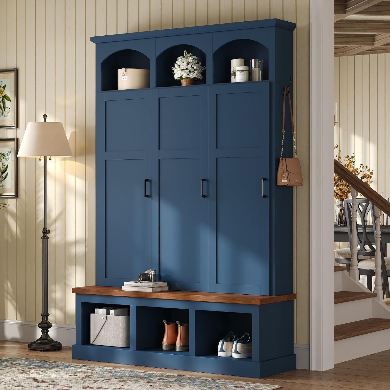 Merax Classic Arched Hall Tree with 3 Hidden Storage, Farmhouse Mudroom Bench with 5 Hooks, Mid-Century Entryway Organizer for Shoes, Blue