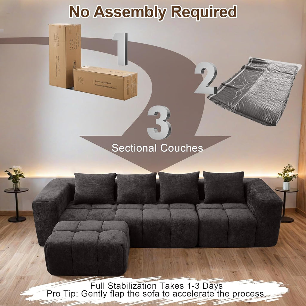 119" Boneless Couch, Cloud Sectional Couch with Deep Seat, High-Density Memory Foam and Chaise, Sectional L Shaped Sofa, Boneless Couches for Living Room, No Assembly Required Tufted Sofa, Dark Grey