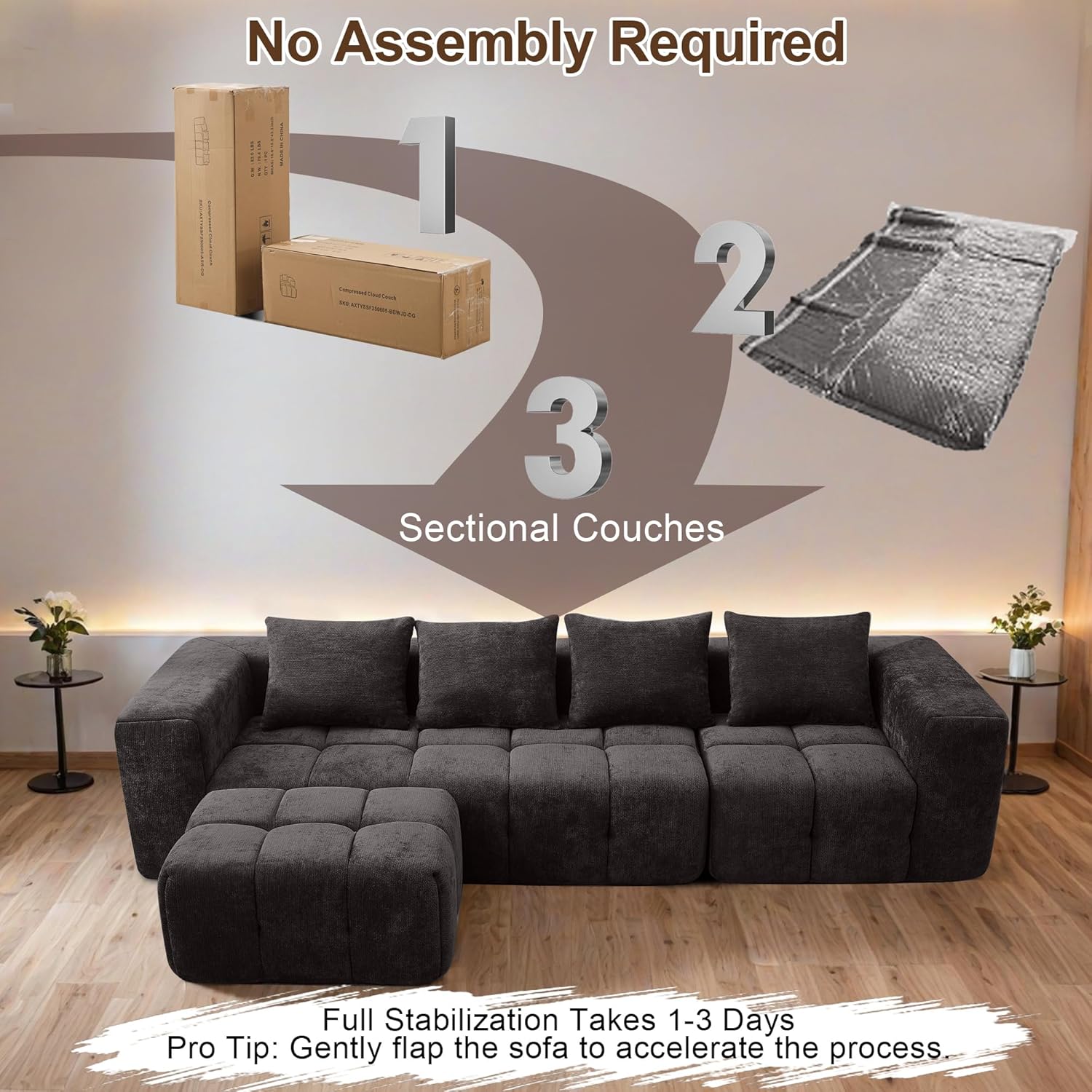 119" Boneless Couch, Cloud Sectional Couch with Deep Seat, High-Density Memory Foam and Chaise, Sectional L Shaped Sofa, Boneless Couches for Living Room, No Assembly Required Tufted Sofa, Dark Grey