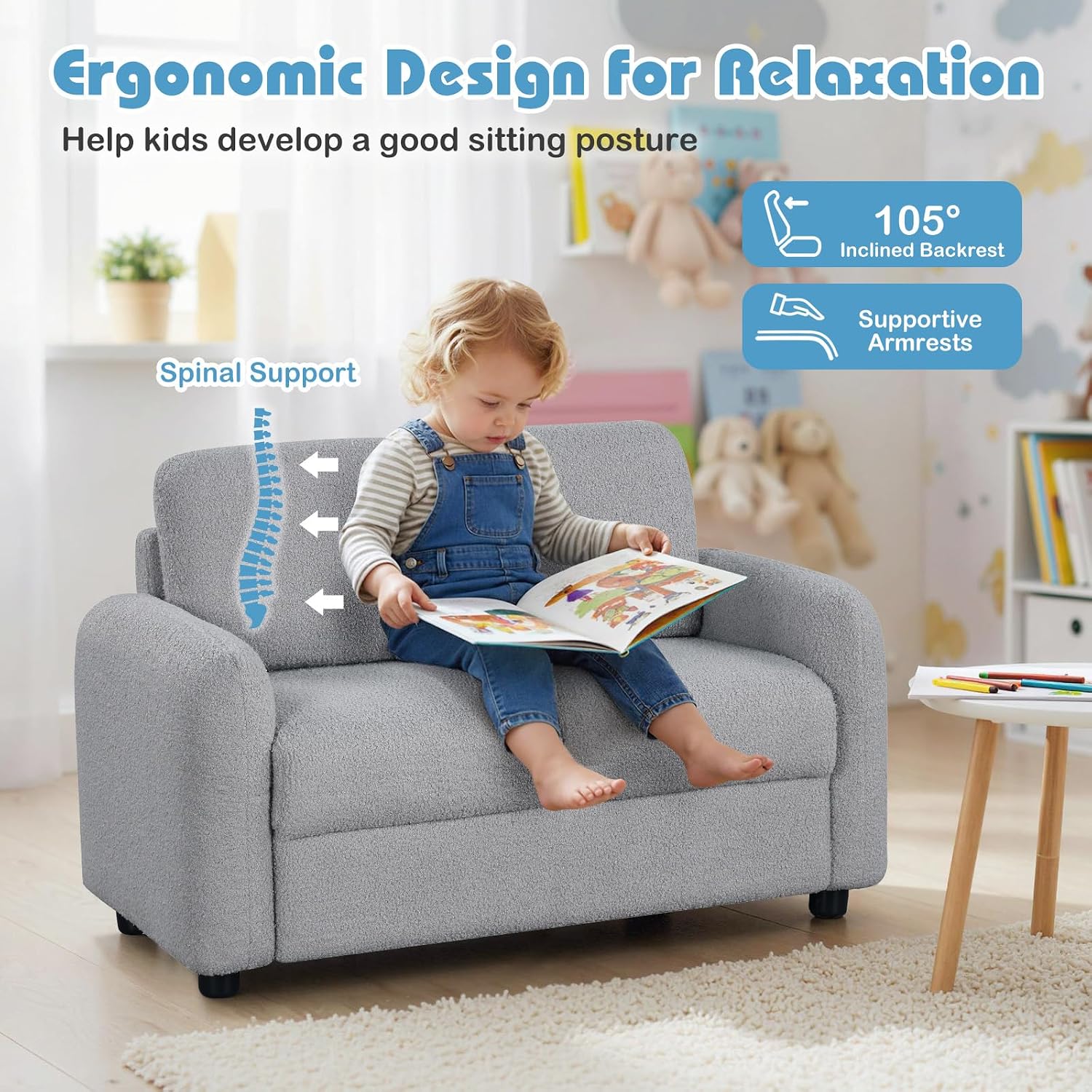 HONEY JOY Toddler Couch, Children Loveseat Sofa Armchair w/Wooden Frame, Teddy Fleece, Flexible Seating for Daycare, Preschool, Playroom, Upholstered Reading Couch, Kids Chair for Boys Girls (Gray)