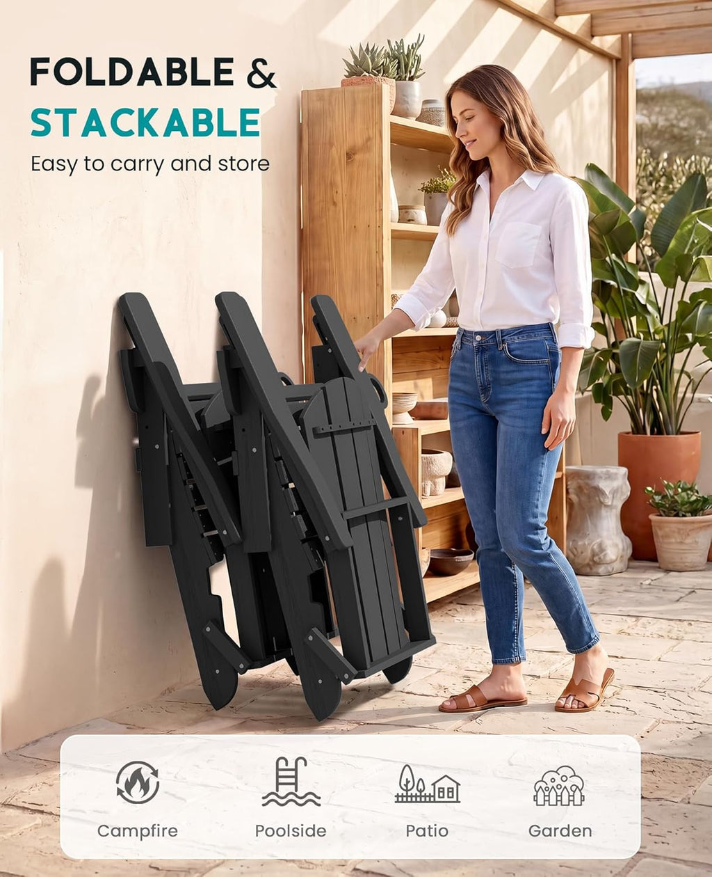 SERWALL Folding Adirondack Chair Set of 2, Adjustable Adirondack Chair with 3 Recline Positions, All Weather HDPE Outdoor Adirondack with Cup Holders, Black