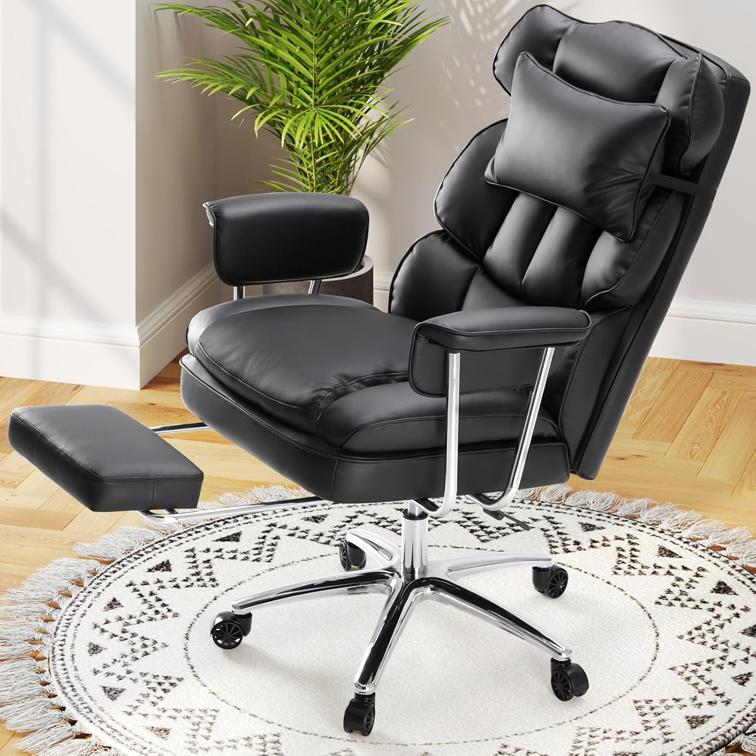 DUMOS Home Office Desk Executive Chair - Ergonomic Big Tall High Back with Footrest & Lumbar Support, Reclining Height Adjustable, Comfy PU Leather Computer Gaming with Swivel Wheels, Black