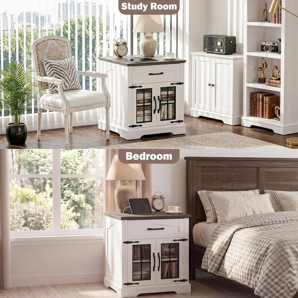 Farmhouse End Table Set of 2 with Charging Station,24'' Side Table with Drawer and Door for Living Room,Rustic Wooden Square Nightstand for Bedroom,Bedside Table with Storage for Home, Off White