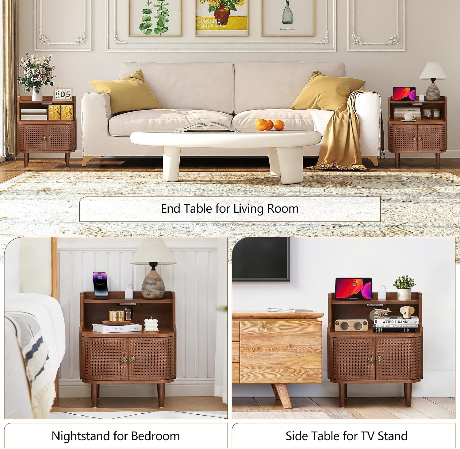 Metal Rattan End Table with Charging Station, Mid Century Modern Nightstand with 2 Doors, Bed Side Table with Storage for Couch, Living Room, Small Spaces, Sofa Side Table for Office, Dorm - Walnut