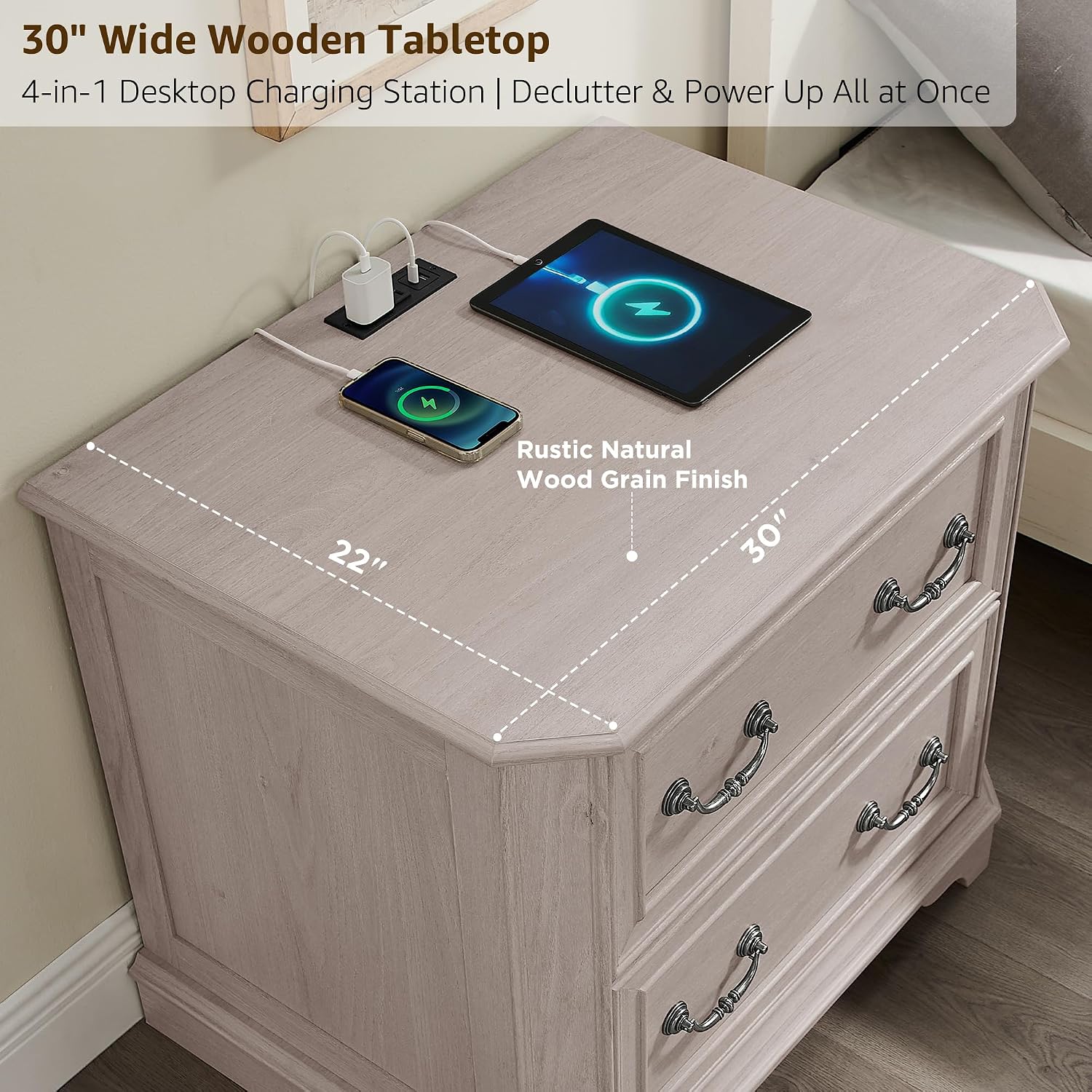 T4TREAM 30" Farmhouse Nightstand Set of 2 w/Charging Station | Large End Table, 2 Spacious Drawers Bedside Table, Wooden Night Stand for Bedroom, Living Room, White Alder