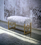 White Faux Fur Gold Bench: Modern Armless Lounge Seat - 21" Height 300lb Capacity - Entryway Bedroom Living Room Accent Furniture