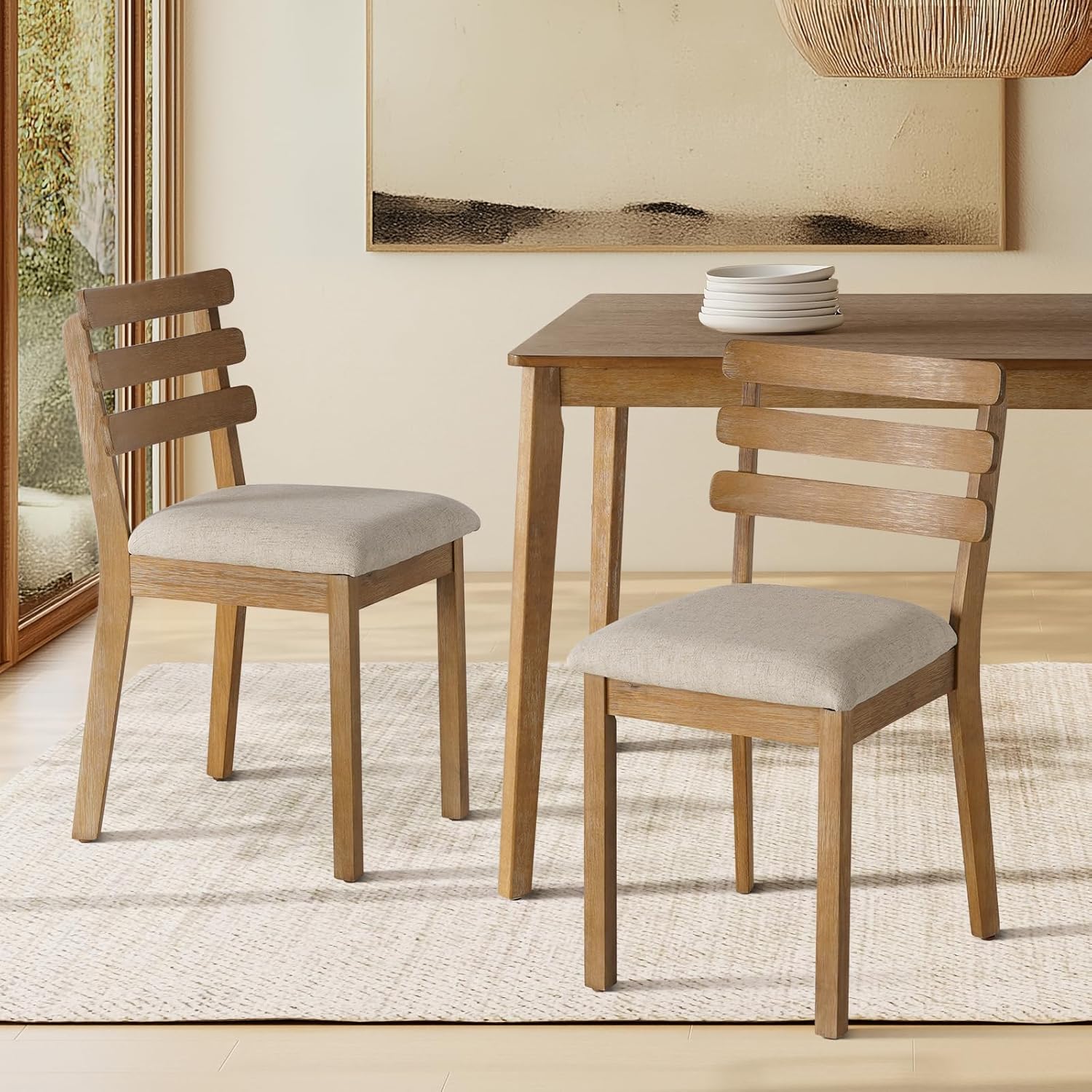 SIMTONAL Farmhouse Dining Table Set for 4, Wooden Dining Roon Table and Solid Wood Chairs, 5-Piece Modern Dining Set Home, Kitchen, Dining Room, 4 Upholstered Chairs, Rubberwood Legs