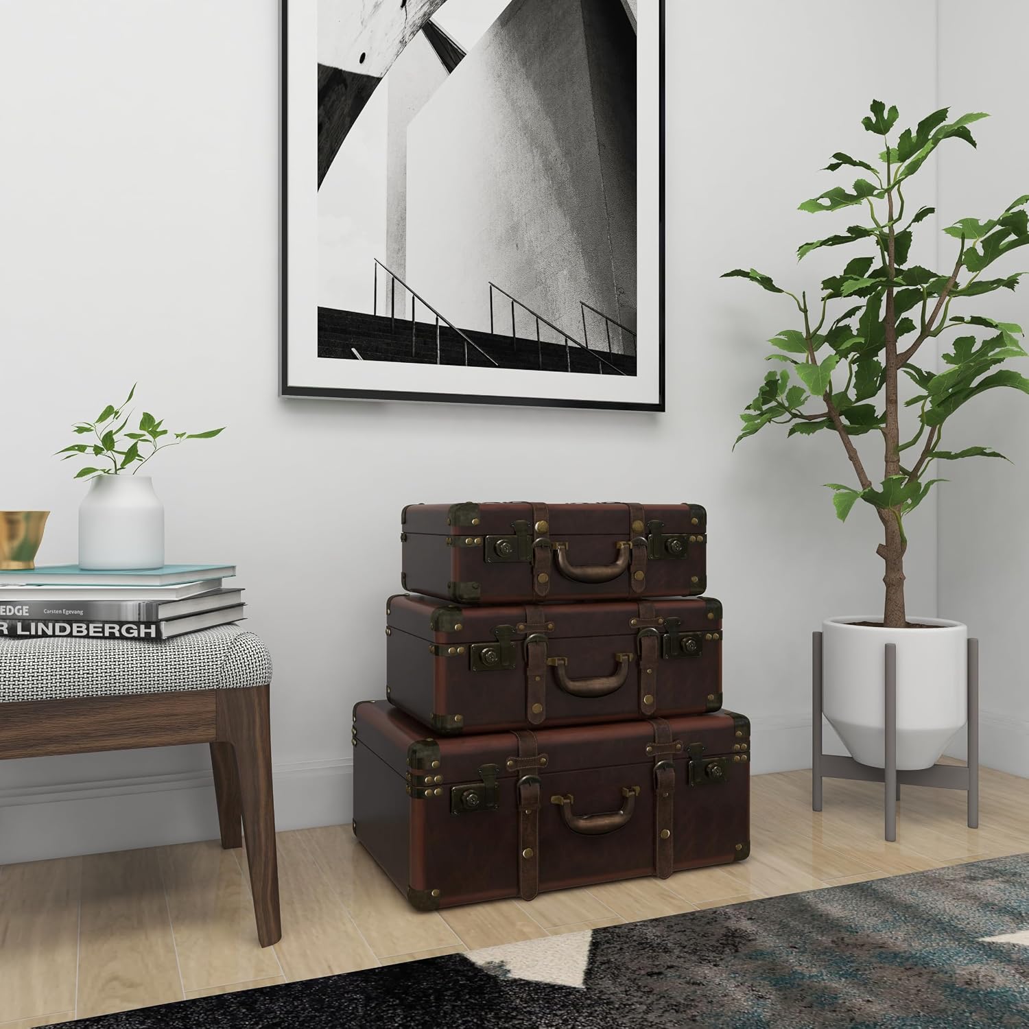 Deco 79 Faux Leather Decorative Trunk Nesting Upholstered Decorative Large Boxes with Vintage Accents and Studs, Set of 3 Storage Trunks 18", 21", 23"W, Brown