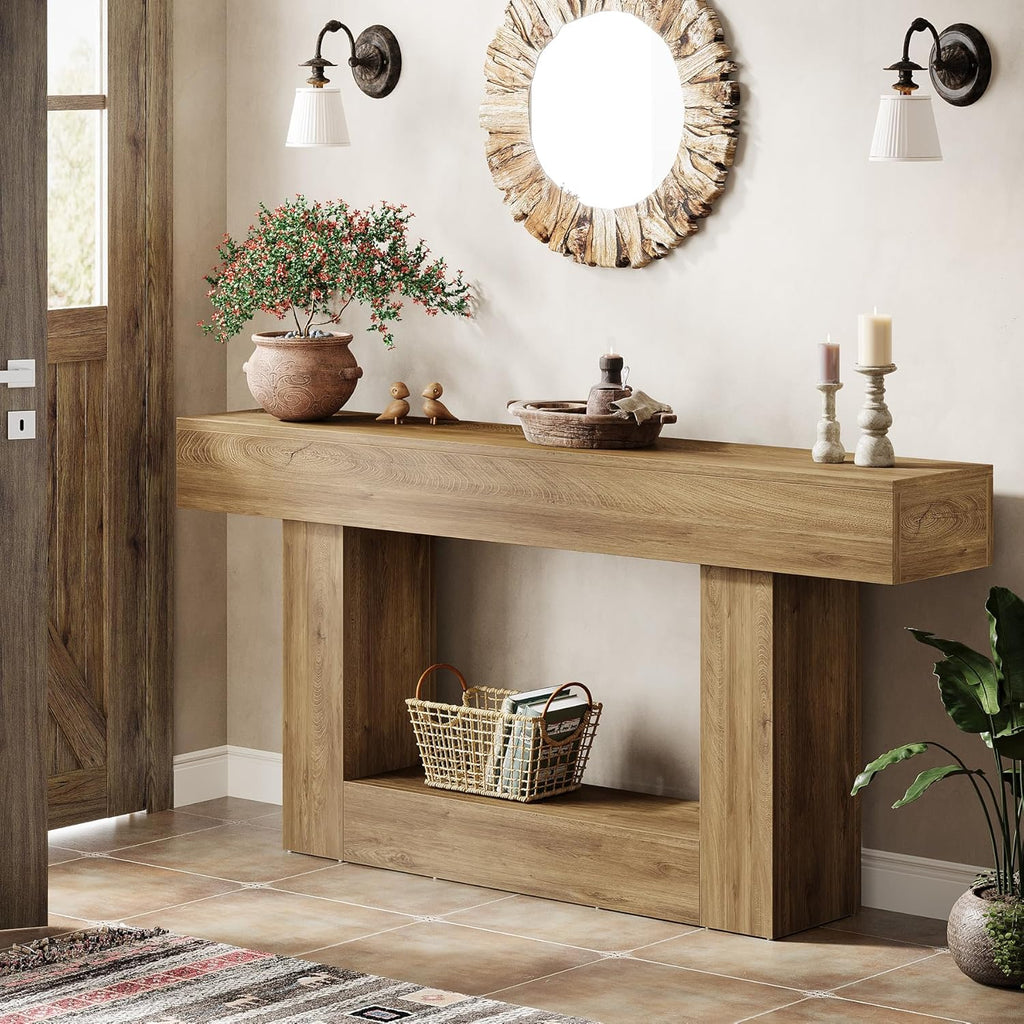 Tribesigns 63" Console Table, Farmhouse 2-Tier Entryway Table with U-Shaped Base, Narrow Long Wood Sofa Table Behind Couch Table for Living Room, Hallway, Foyer, Light Brown