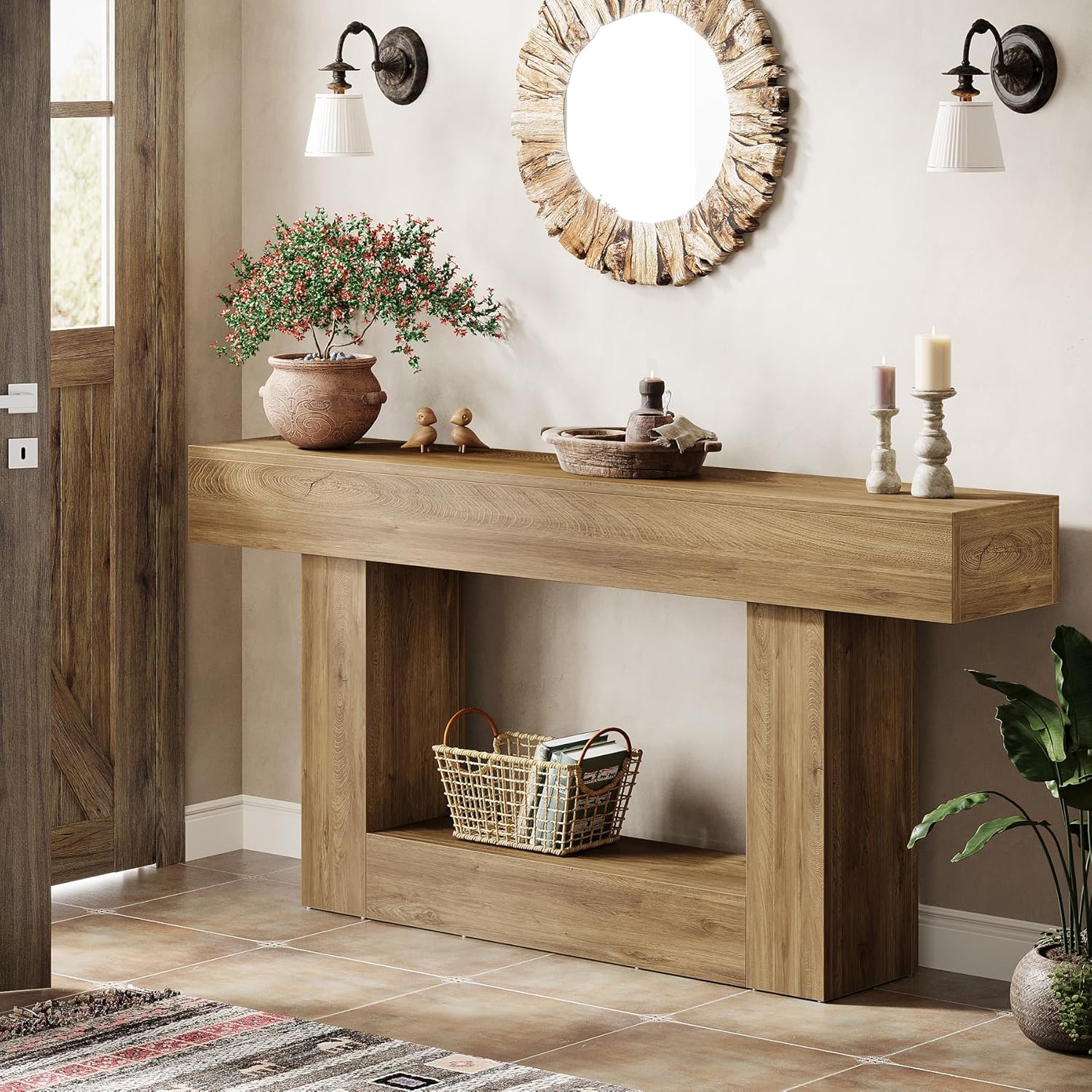 Tribesigns 63" Console Table, Farmhouse 2-Tier Entryway Table with U-Shaped Base, Narrow Long Wood Sofa Table Behind Couch Table for Living Room, Hallway, Foyer, Light Brown