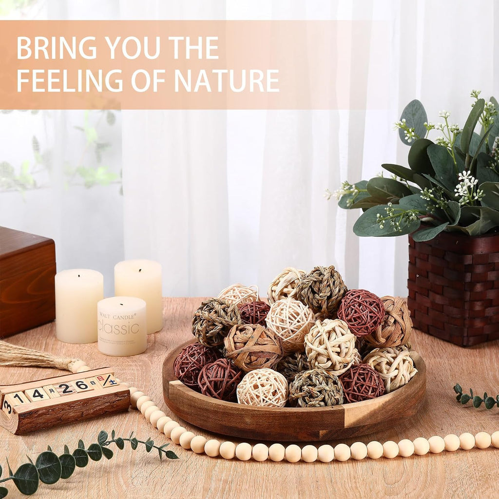 Halloscume 31 Pcs Wicker Rattan Decorative Balls with 30.3 Inch Wood Bead Garland Centerpiece Bowls Orbs Vase Fillers Wall Hanging Decor for Summer Home Farmhouse Wedding Party(Brown)