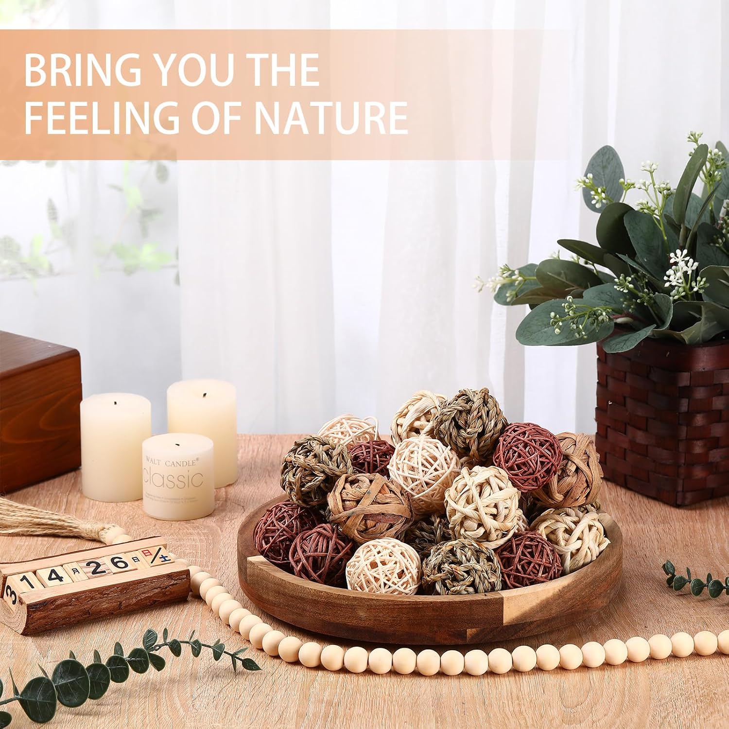 Halloscume 31 Pcs Wicker Rattan Decorative Balls with 30.3 Inch Wood Bead Garland Centerpiece Bowls Orbs Vase Fillers Wall Hanging Decor for Summer Home Farmhouse Wedding Party(Brown)