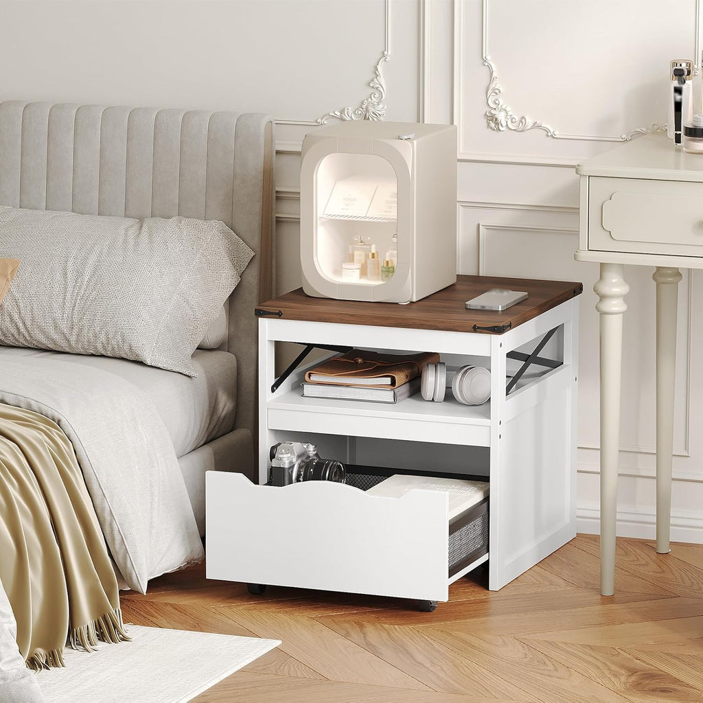 YATINEY Mini Fridge Stand with Storage, Refrigerator Stand with Mobile Drawer, Mini Fridge Cabinet for Heavy Microwave Stand, Mini Fridge Cart for Dorm, Bedroom, Kitchen,White and Walnut HB50WH