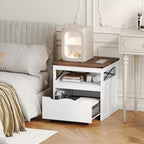 YATINEY Mini Fridge Stand with Storage, Refrigerator Stand with Mobile Drawer, Mini Fridge Cabinet for Heavy Microwave Stand, Mini Fridge Cart for Dorm, Bedroom, Kitchen,White and Walnut HB50WH