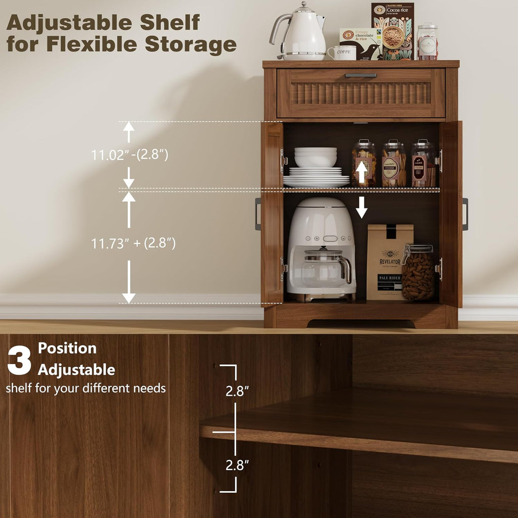 Buffet Cabinet with Storage Drawer, Farmhouse Coffee Bar Table with Storage Drawer and Adjustable Shelf, Small Fluted Sideboard Cabinet for Kitchen, Dining Room, Living Room, Entryway, Modern Walnut