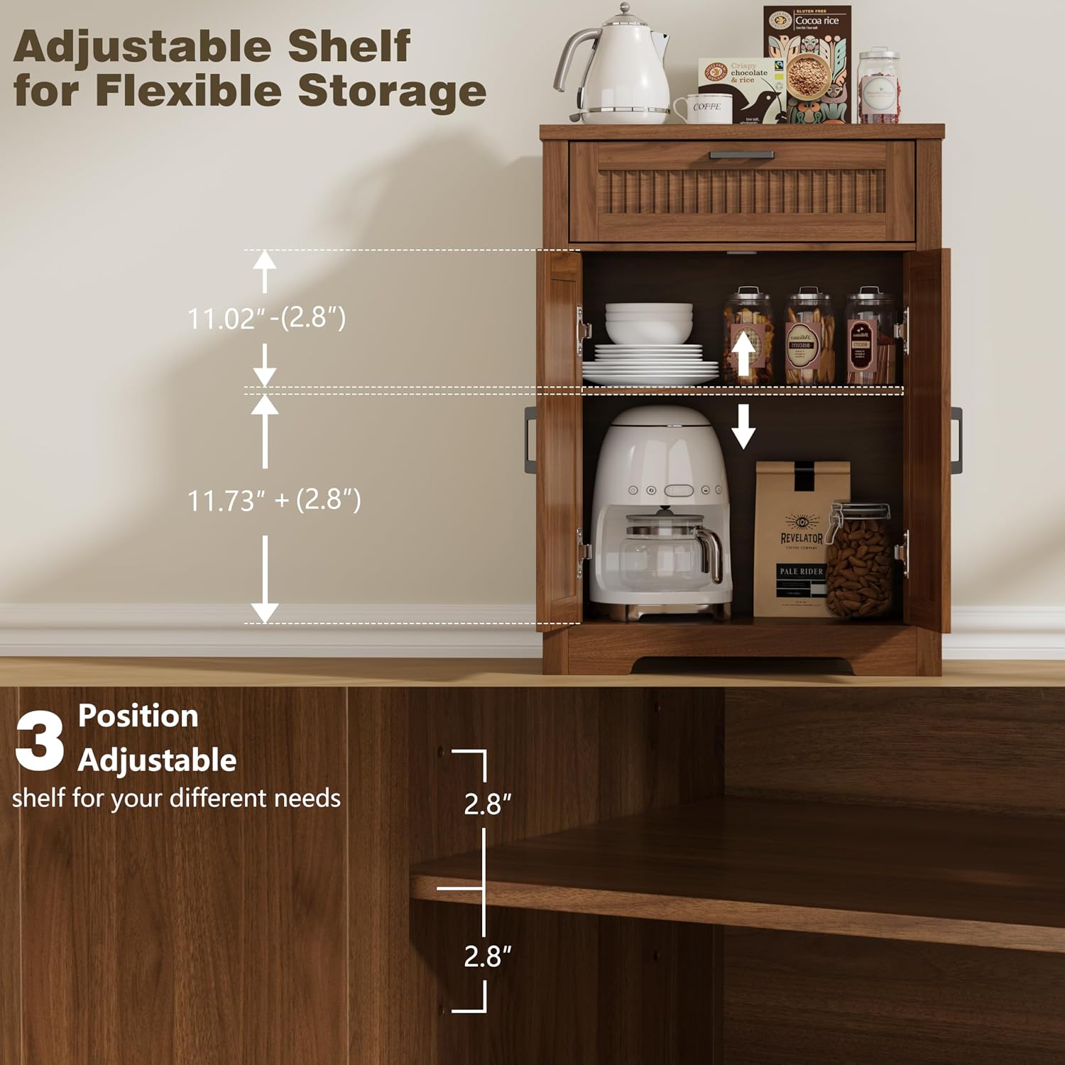 Buffet Cabinet with Storage Drawer, Farmhouse Coffee Bar Table with Storage Drawer and Adjustable Shelf, Small Fluted Sideboard Cabinet for Kitchen, Dining Room, Living Room, Entryway, Modern Walnut