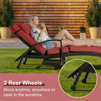 Outdoor Patio Chaise Chair Wicker Lounge Chairs for Outside Pool Chaise Lounge Set of 2 PE Rattan Recliners with Side Shelf & 6-Position Adjustable for Deck Yard Beach Poolside, Red