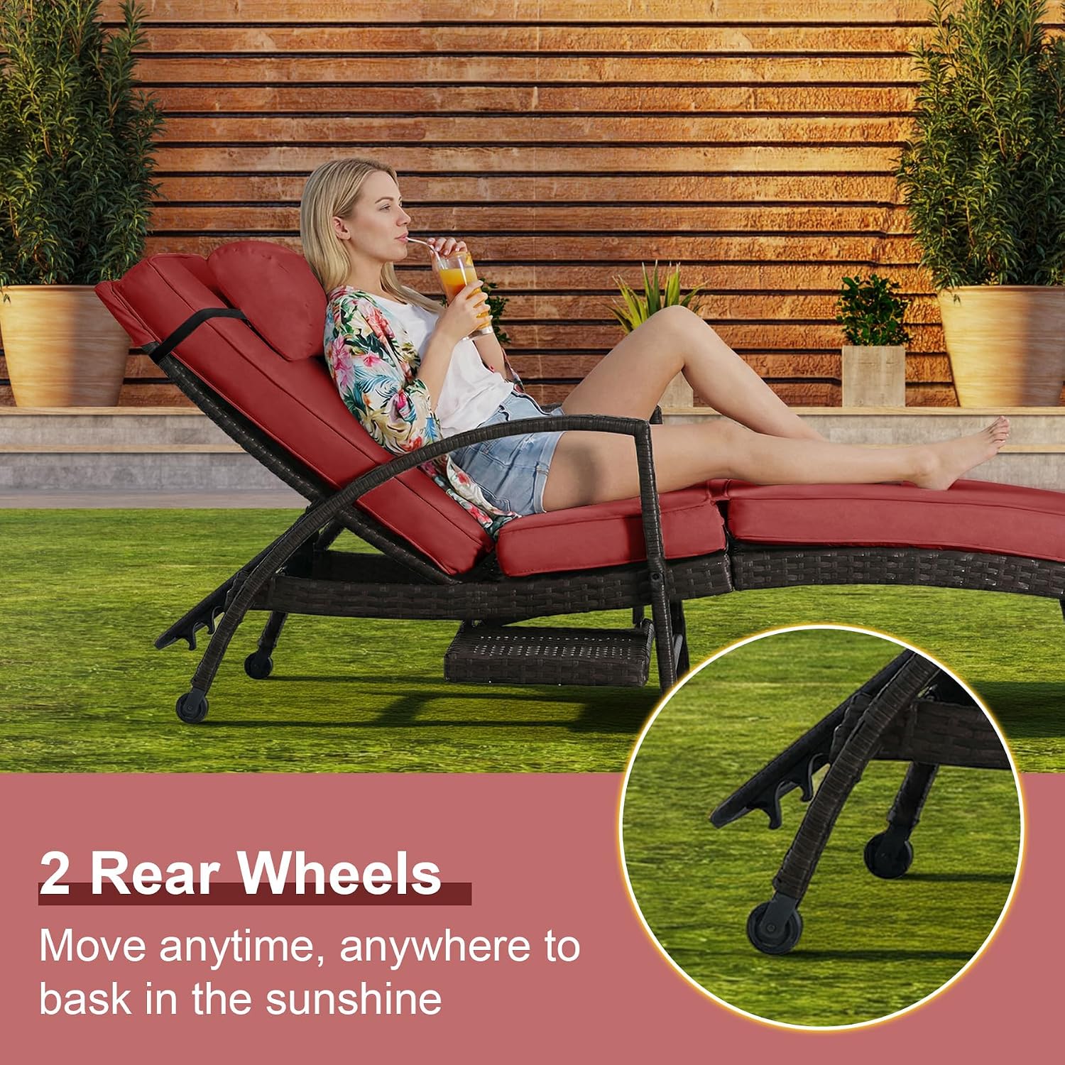 Outdoor Patio Chaise Chair Wicker Lounge Chairs for Outside Pool Chaise Lounge Set of 2 PE Rattan Recliners with Side Shelf & 6-Position Adjustable for Deck Yard Beach Poolside, Red