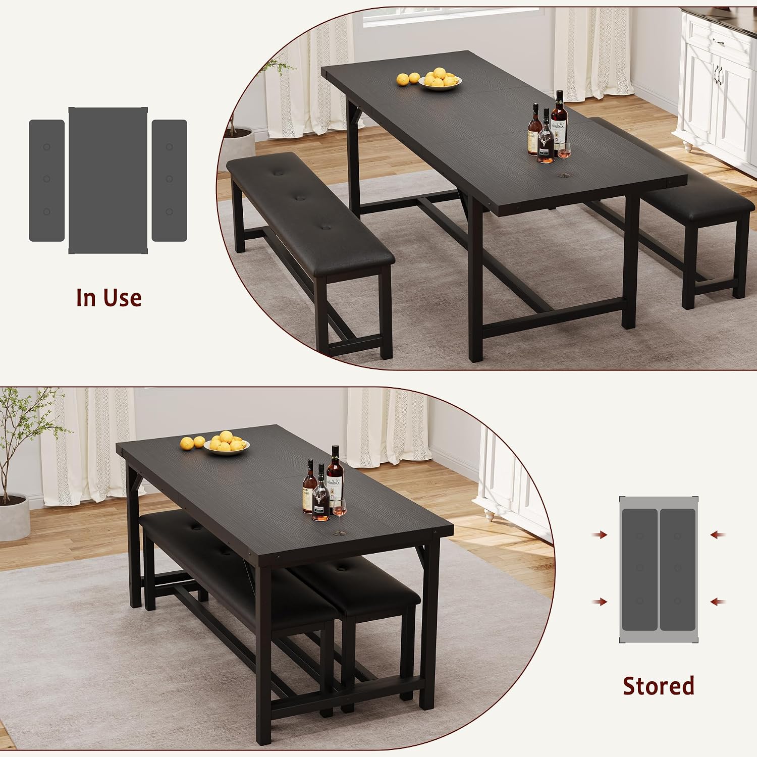 GarveeHome 5 Piece Extendable Dining Table Set for 4-6, Kitchen Table & 2 Upholstered Benches w/Metal Corner Protector, Dining Room Table Set for Small Space, Apartment, Easy Assemble, Retro Black