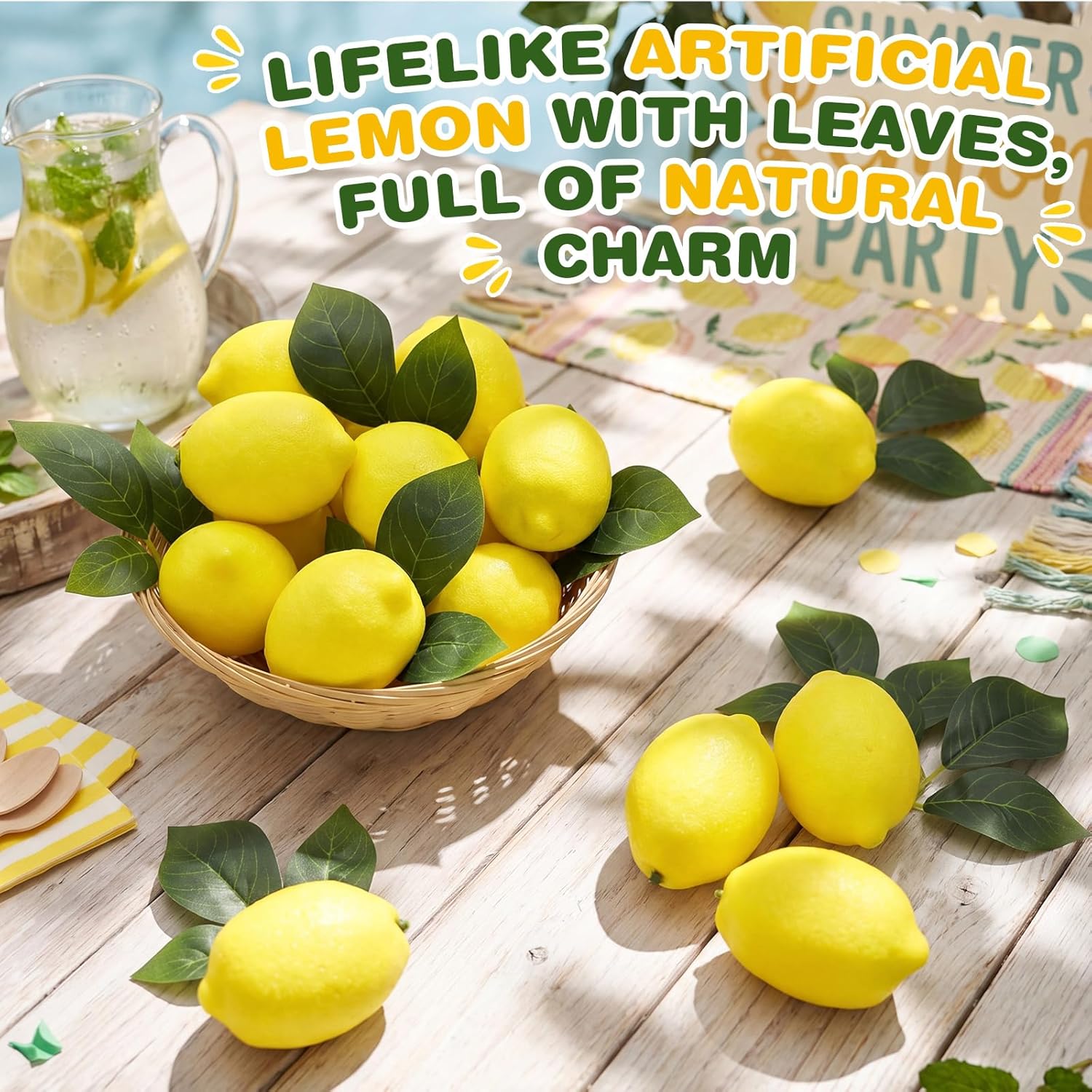 Wavwavw 12 Pcs Fake Lemon Limes Artificial Fruits Faux Lemon Limes 3" x 2" Mix Set with 10 Leaves and 1 Woven Basket Lifelike Fake Fruits Decor for Kitchen Party Table Photo Prop (Yellow)