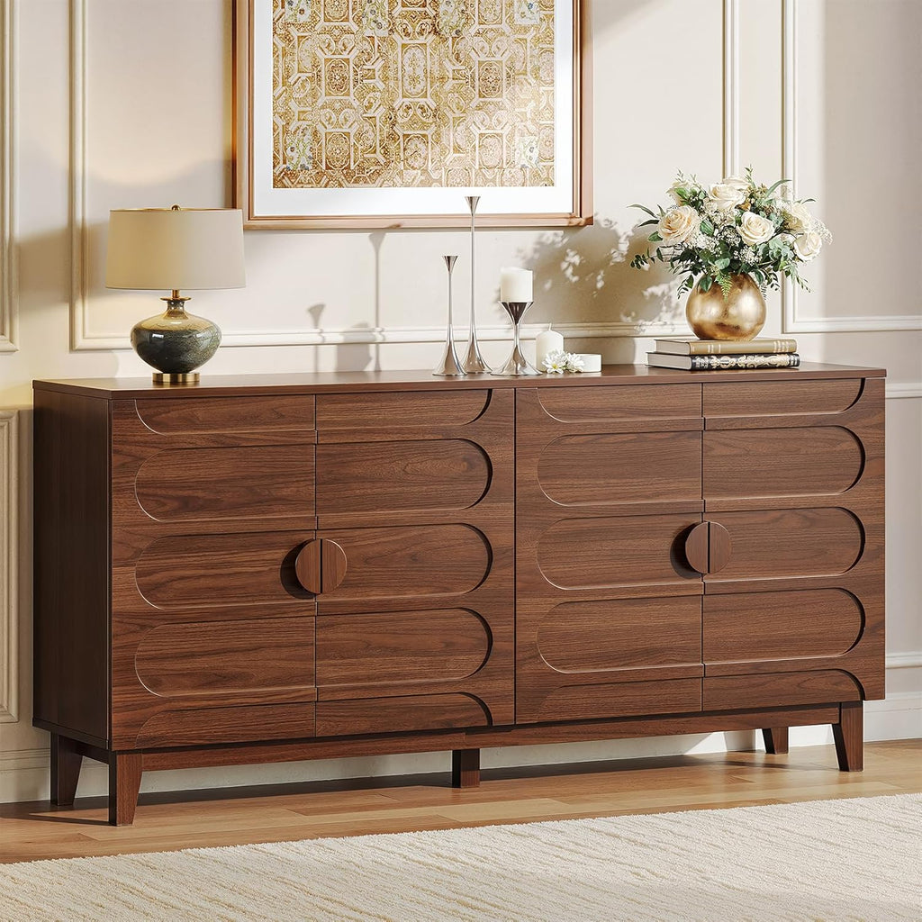 ONBRILL 63" Sideboard Buffet Cabinet with Storage, Large Buffet Cabinet with 4 Circular Panel Design Doors and Adjustable Shelves, Modern Sideboard for Living Room, Kitchen (Walnut)