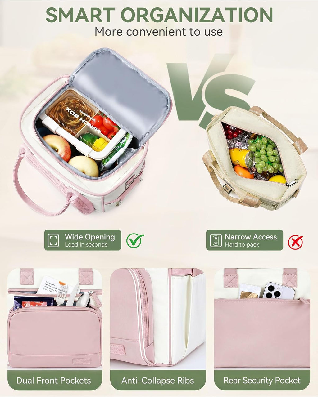 HOMESPON Insulated Lunch Bag Women Wide Opening Adult Lunch Box Large Leakproof Cooler Bag for Work Picnic Beach Family College Lunch Teacher Tote Bag with Adjustable Shoulder Strap Cup Holder(Pink)