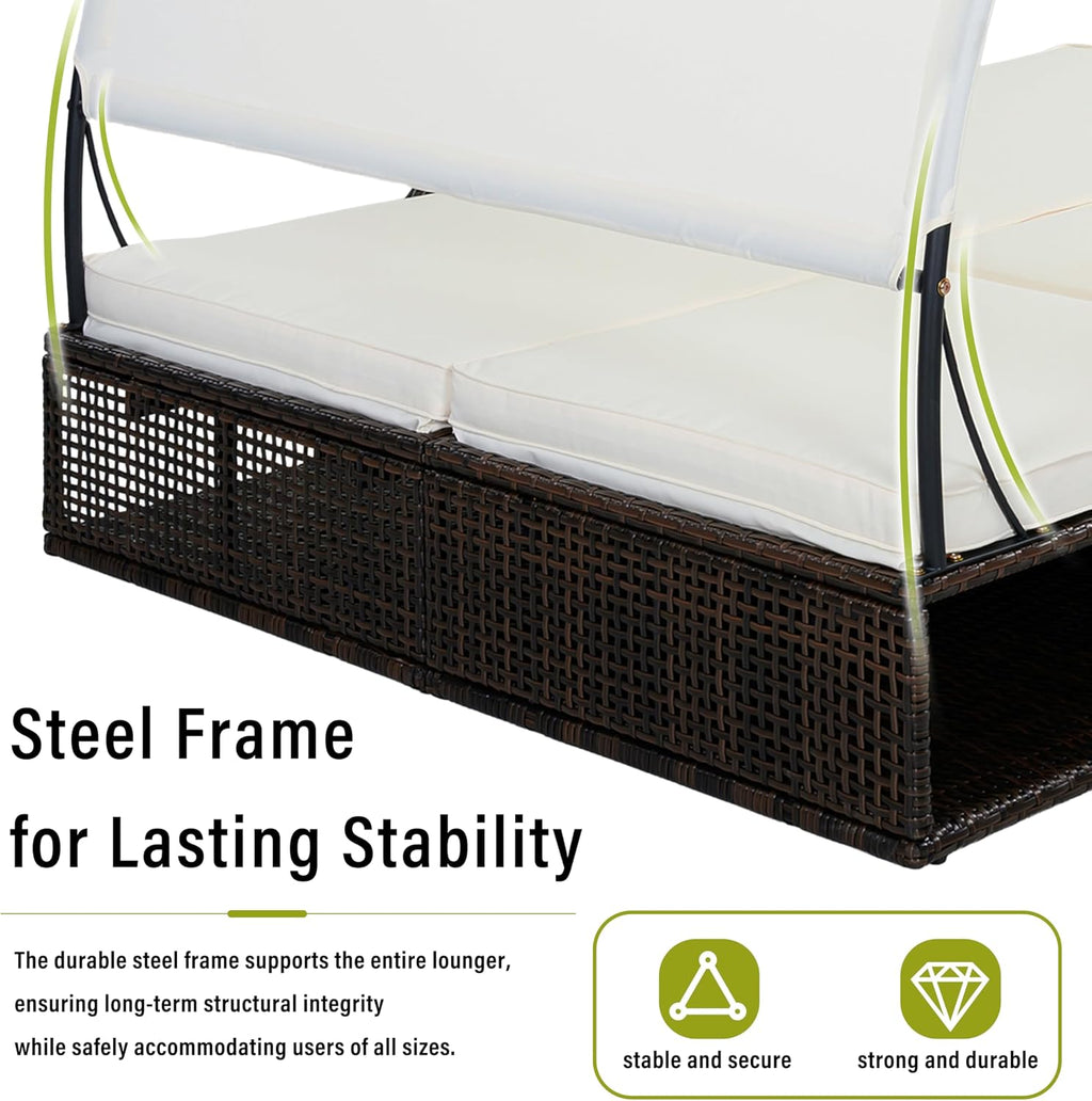 Mirightone 2-Person Outdoor Chaise Lounge Daybed with Canopy, Steel Frame Patio Sunbed with Adjustable Backrest, Hidden Side Table and Arched Armrests, for Poolside, Deck, Garden, Beige