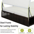 Mirightone 2-Person Outdoor Chaise Lounge Daybed with Canopy, Steel Frame Patio Sunbed with Adjustable Backrest, Hidden Side Table and Arched Armrests, for Poolside, Deck, Garden, Beige